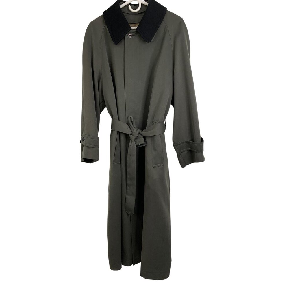 Vintage 80s Burberrys Olive Green Single Trench Coat Belted Plaid Lining Men Rag